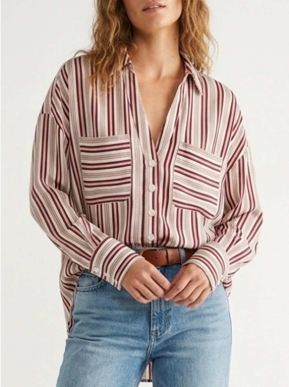 Free People Mad About You Striped Button Down Blouse Shirt Modern Prep Boho